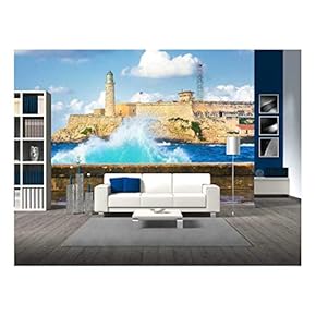 Hurricane in Havana with a View of The Castle of El Morro and Big Waves Crashing Against The Wall - Removable Wall Mural | Self-Adhesive Large Wallpaper - 66x96 inches