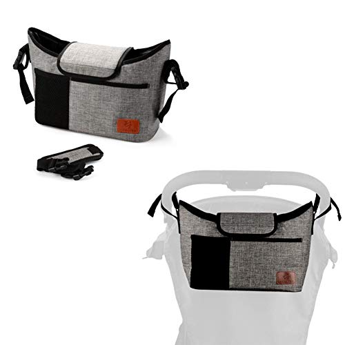Baby Stroller Organizer Bag with 2 XL Cup Holders and Large Storage Diaper Bag for Universal Stroller Accessories (Grey)