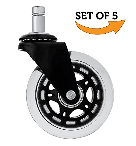 Caster Wheels Heavy Duty with Rubber Casters Perfect for Hardwood Floor and Office Chair. Replacement Easy Glide Set of 5 Inserts with Swivel Universal Fit 3 Inch Grip Ring Stem