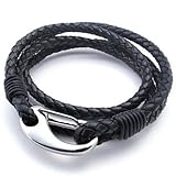 KONOV Black Leather Men's Bracelet Stainless Steel Clasp, Black Silver - 8