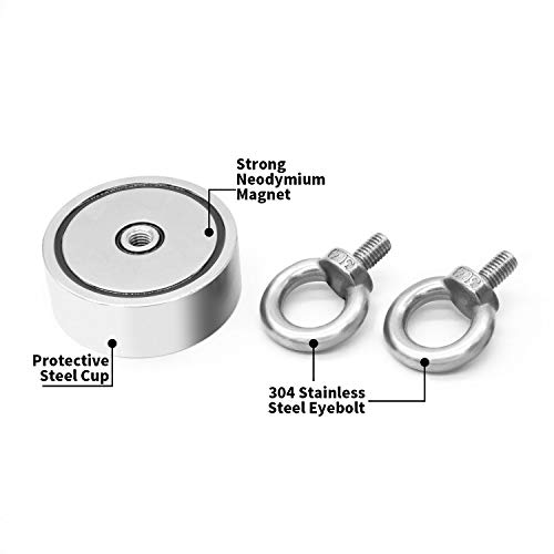 Fishing Magnet with Rope & Gloves, 960lbs Pulling Force Double Sided Super Strong Round Rare Earth Neodymium Magnet with Eyebolt for Magnetic Fishing, River, Lake, Salvage, 2.95" Diameter