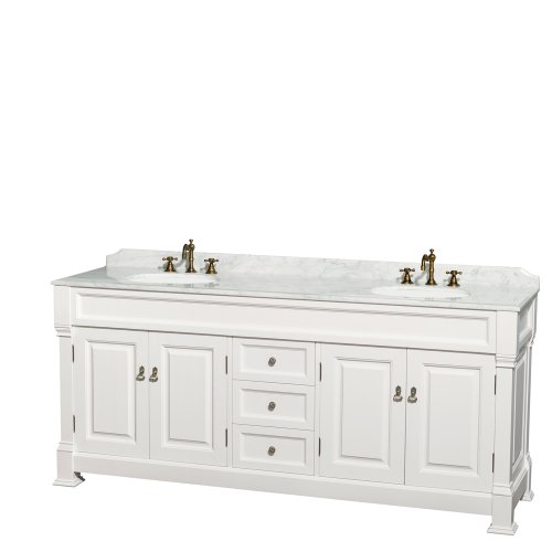 Wyndham Collection Andover 80 inch Double Bathroom Vanity in White with White Carrara Marble Countertop, Undermount Oval Sinks, and 28 inch Mirrors - Thumbnail 2