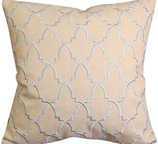 18 X 18 Modern Beige and Sky Blue Turkish Pattern Pillow - Indoor Cotton Beige background with sky blue threads create this modern turkish design. Indoor cotton pillow has solid back with zipper closure.