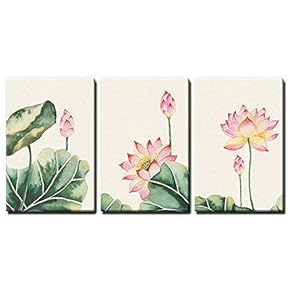 3 Panel Canvas Wall Art - Watercolor Painting Style Pink Lotus Flowers and Leaves - Giclee Print Gallery Wrap Modern Home Art Ready to Hang - 16"x24" x 3 Panels