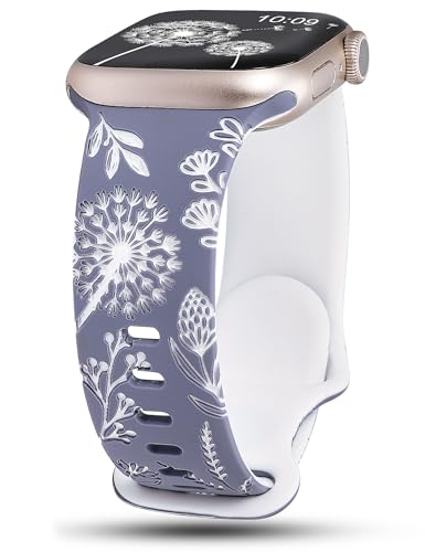 Wearlizer Floral Engraved Compatible Apple Watch Strap 41mm, 40mm, 42mm, 38mm Women's Silicone Sports Floral Pattern Strap for iWatch Series 10, 9, 8, 7, 6, 5, 4, 3, 2, 1, SE