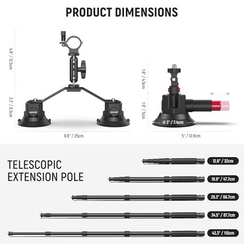 NEEWER Triple Suction Cup Car Mount Compatible with Insta360 X5 X4 GoPro DJI OSMO 360 Cameras, Quick Release Outside Windshield Magic Arm Mount Kit with 2 in 1 Extension Pole/Selfie Stick, CA065