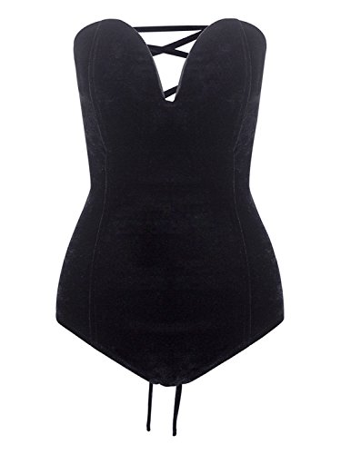 Clothink Women Strapless Velvet Bodysuit Back Lace Up Jumpsuit,Sexy Bodysuit Top Playboy Bunny Halloween Costume