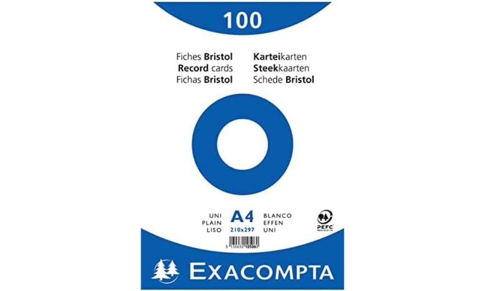 Exacompta - Ref 10506E - Bristol Plain Record Cards (Pack of 100) - A4 in Size, 205gsm Card, Compatible with Printers - Suitable for Exam Revision & Notes - White