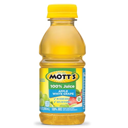 MOTT’S 100% APPLE WHITE GRAPE JUICE, 8 FL OZ BOTTLES, 24 COUNT (4 PACKS OF 6), NO ADDED SUGAR, EXCELLENT SOURCE OF VITAMIN C, 2 SERVINGS OF FRUIT PER BOTTLE, GLUTEN & CAFFEINE FREE, ON-THE-GO