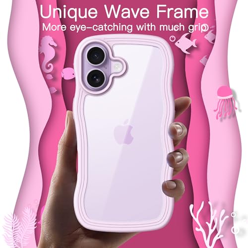 JETech Wavy Case for iPhone 17 6.3 Inch, Wave Frame Cute Curly Shape Anti-Shock Case for Women Girls, Transparent Back Hard PC (Purple)