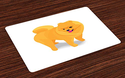 Lunarable Pomeranian Place Mats Set of 4, Purebred Orange Dog Pet Graphic Figure with Shadow Effect, Washable Fabric Placemats for Dining Room Kitchen Table Decor, Marigold Hot Pink and Dark Blue
