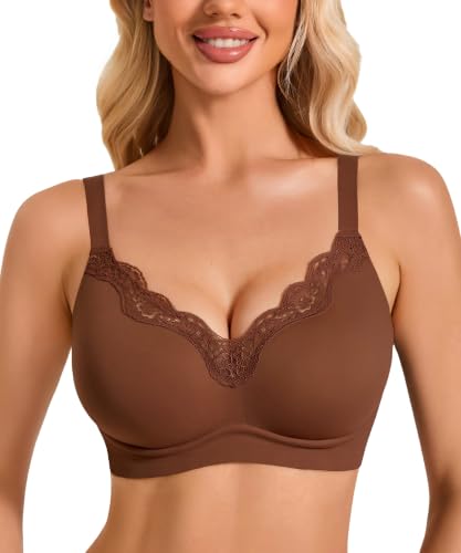 Showyoo Womens Wireless Jelly Bras No Underwire V-Neck Lace Trim Bralette Seamless Full Coverage Convertible T-Shirt Bra (Brown,3XL) at Amazon