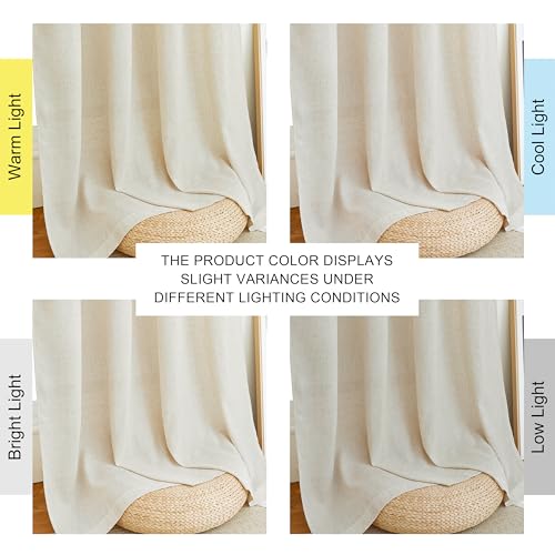 PONY DANCE Living Room Curtains, Linen Boho Eyelet Curtain, Set of 2, H 245 x W 140 cm, Beige, Linen-Look Curtains with Eyelets, Semi-Transparent Linen Curtains for Bedroom