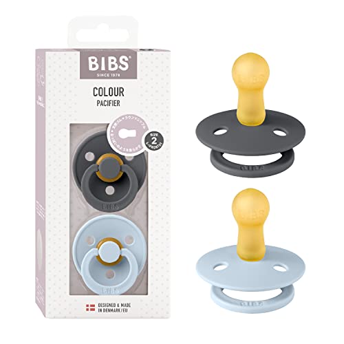 BIBS(ビブス) 天然ゴムおしゃぶり 2個セット COLOUR サイズ2(6~18カ月)【日本正規品】BPAフリー アーチ形状で摩擦を軽減 胸に似た丸型ニップル 120223 Iron/Baby Blue