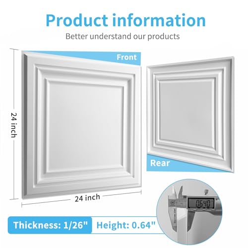 Art3d PVC Ceiling Tiles, 2'x2' Plastic Sheet in White (24-Pack)