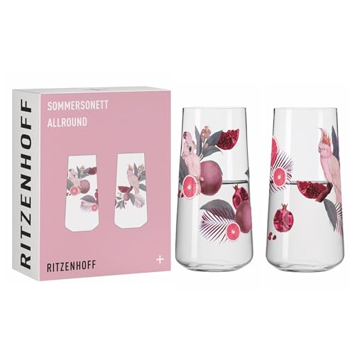 Ritzenhoff 6151002 Lot de 2 verres universels, 600 ml, série Sommersonett, motif cacatoès, fabriqués en Allemagne, Rose, Gris.