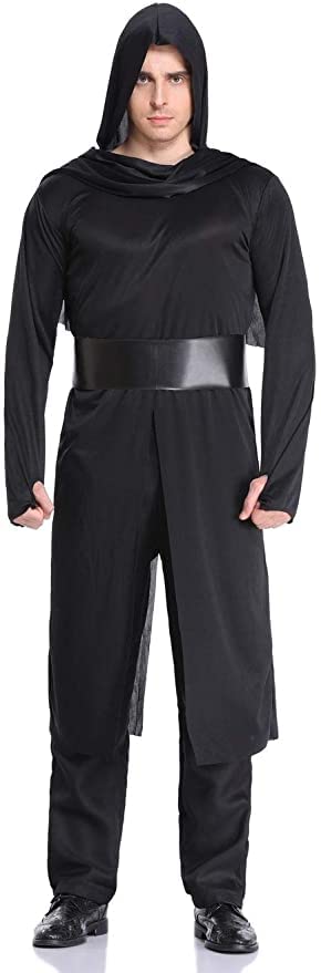 Men's New Dark Ages Warrior Halloween All Black Hooded Fancy Dress Costume Black One Size