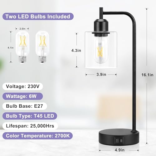 Aooshine Bedside Lamps Set of 2, Industrial Touch Lamps Bedside with USB C+A Charging Ports, Bedside Table Lamps for Bedroom, Black Bedside Lamps with Clear Glass Shade for Living Room(Bulbs Included)