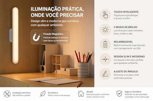 Luminária de LED Magnética Barra Spot Lâmpada Recarregável Sem Fio USB - Ilumina Qualquer ambiente Quarto Cozinha Sala Banheiro - Ajustável em 3 cores Branco quente, Neutro e Frio