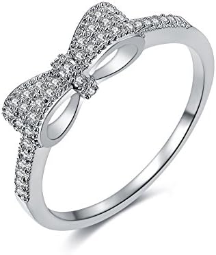 SPILOVE Serend 18k White Gold Plated White Cubic Zirconia CZ Band Bow Ring, Size 8
