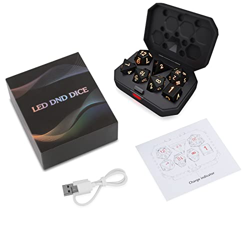 Rechargable DND Dice Set, Light Up Dice with Charging Box, 7 PCS LED Electronic Dices, Dungeons and Dragons Dice Polyhedral Dice Sets for MTG Pathfinder Role Playing Game (Black Shell + Warm Light)