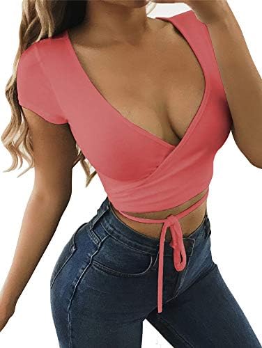 Women's Deep V Neck Long Sleeve Bandage Cross Wrap Tie up Crop Top