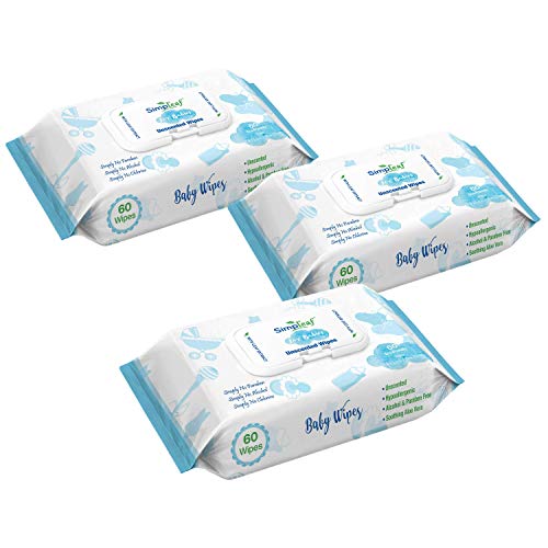 Simpleaf for Babies Wipes: Eco- Friendly, Thick and Effective, Paraben and Alcohol Free, Hypoallergenic and Safe for Sensitive Skin, Unscented, Soothing Aloe Vera 60 Counts (Pack of 3, 180 Wipes)