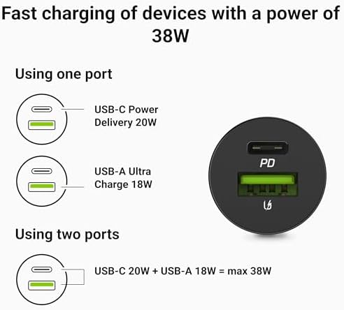 Chargeur Allume-Cigare 38 W, USB-C PD et USB-A Ultra Charge