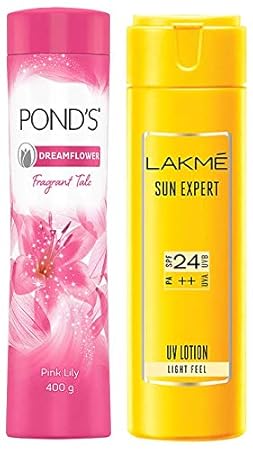 POND'S Dreamflower Fragrant Talcum Powder, Pink Lily, 400 g & Lakme Sun Expert SPF 24 PA ++ UV Lotion, 120ml