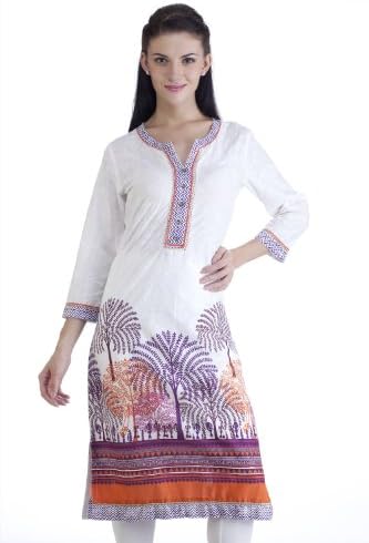 MB Womens Ethnic Forest Printed Kurta Tunic WHITE/ORANGE 36
