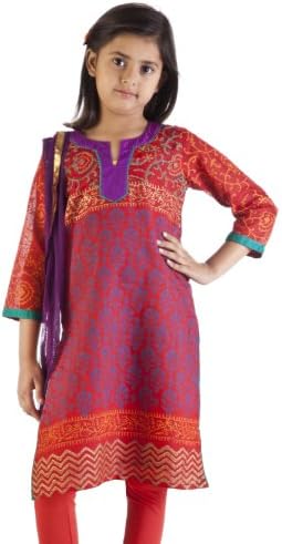 MB Girl's Indian Print Kurta Tunic with Churidar(Pants) and Dupatta (Scarf)