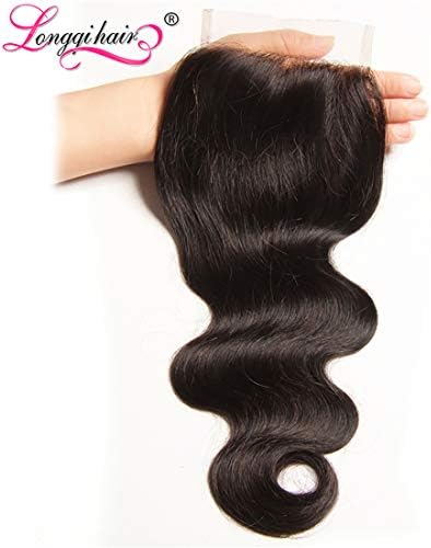Dinoce Compatible with Longqi Hair Free Part Brazilian Body Wave Lace Closure Unprocessed Virgin Hair 4x4 130% Density Remy Human Hair Wavy Free Part Closure Natural Color 12 Inches