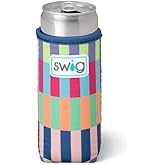 Swig Life Skinny Can Coolie, 12oz Slim Can Holder, Neoprene Insulated Cup Cooler with Pocket, Covers for Tall Beer Bottles, Beach Accessories for Women (Brite Stripe)