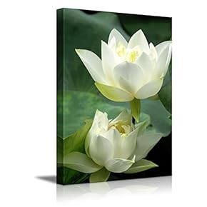 Canvas Prints Wall Art - White Lotus Flower and Green Lotus Leaf | Modern Wall Decor/Home Art Stretched Gallery Wraps Giclee Print & Wood Framed. Ready to Hang - 12" x 18"