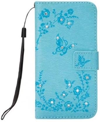 iPhone 8 Plus Secret Garden Wallet Case,Auroralove iPhone 7 Plus 5.5 Inch Bling Diamond Butterfly Flower Case for Girls Women with Credit Card Kickstand Function(Blue)