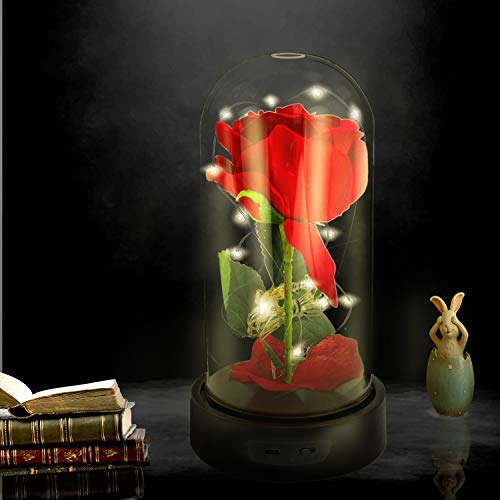 ucho Deluxsa Beauty and The Beast Rose,Enchanted Rose Lamp with Petals & LED Light,Last Forever Rose for Home Decor Holiday Party Anniversary Wedding