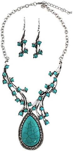 Big Teardrop Charm Turquoise Semi Precious Reconstituted Stones Layering Necklace Set with Earrings