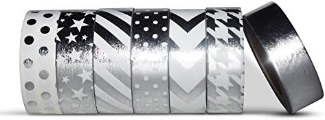 AIM HOBBIES Washi Masking Tape Set of 6 PLUS FREE BONUS TAPE (Silver 1)