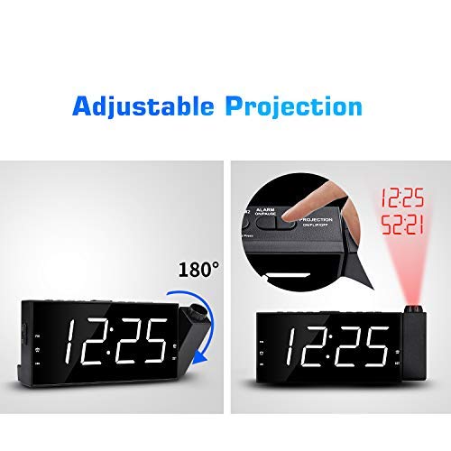 OnLyee Projection Ceiling Wall Clock, Alarm Clock, 7" LED Digital Desk/Shelf Clock with Dimmer, USB Charging, AC Powered (White-Projection Clock with Bed Shaker)