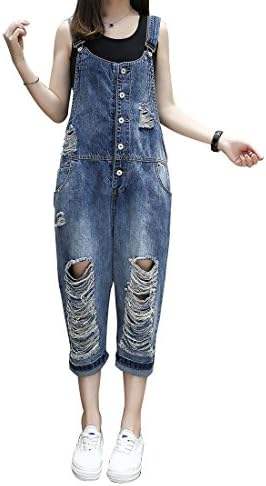 yiboolai Women's Classic Overall Baggy Denim Jumpsuit Sleeveless Romper Harem Jeans Pants, Blue, Large