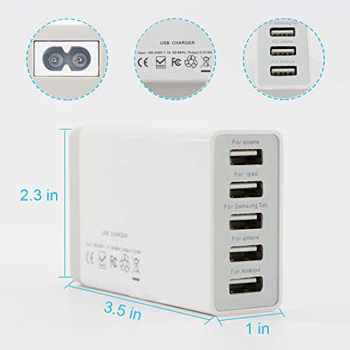 USB Charger 5-Port Desktop USB Charging Station with Multiple Port, 40W 8A Desktop USB Charging Station for Multiple Devices, Black Portable 5 Port USB Wall Charger for Cellphone, Tablet, Android Phon