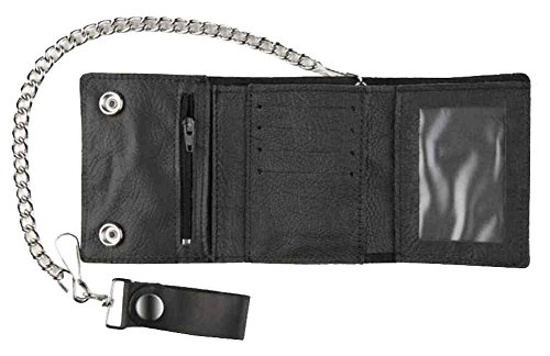 Motorcycle Men's Large Tri-Fold Biker Chain Wallet, Genuine Black Leather TC315