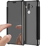 Huawei Mate 9 Case,Huawei Mate 9 Cover,ikasus Ultra-Slim Luxury Hybrid Shock-Absorption Clear View Flip Electroplate Plating Mirror Cover Flip Protective Case Cover for Huawei Mate 9,Black