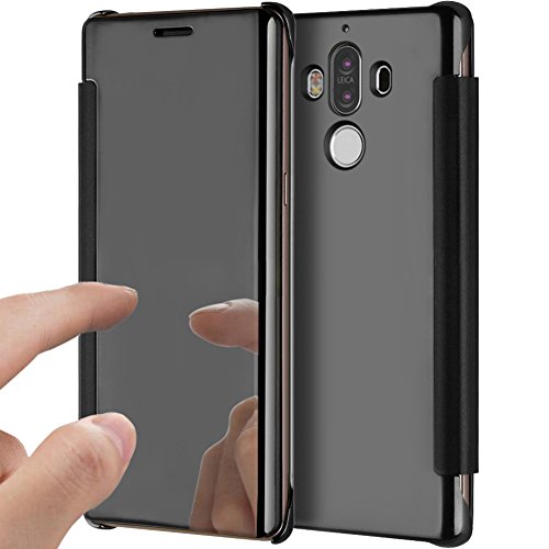 Huawei Mate 9 Case,Huawei Mate 9 Cover,ikasus Ultra-Slim Luxury Hybrid Shock-Absorption Clear View Flip Electroplate Plating Mirror Cover Flip Protective Case Cover for Huawei Mate 9,Black
