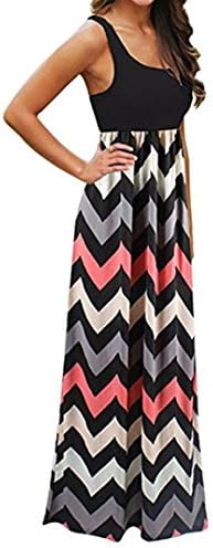 Striped Tank Dress,Lamolory s Casual Sleeveless Scoop Neck Wave Maxi Long Dress (Black, M)