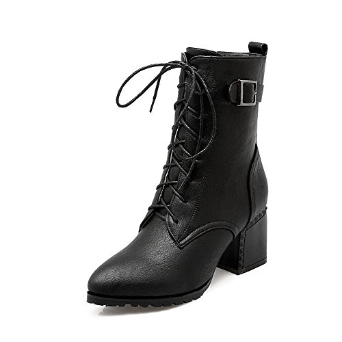 AllhqFashion Women's Kitten Heels Solid Pointed Closed Toe Lace Up Boots, Black, 44 AllhqFashion Women's Kitten Heels Solid Pointed Closed Toe Lace Up Boots, Black, 44