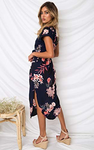 ECOWISH Womens Dresses Summer Casual V-Neck Floral Print Geometric Pattern Belted Dress - Image 6