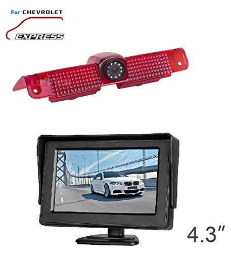 Misayaee Car Third Roof top mount brake lamp camera Brake Light Rear View Backup Camera Set+4.3 Inch Monitor Kit for Truck Transporter Chevy Express/GMC SAVANA 2003-2017/Explorer Vans