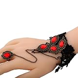 Yazilind Black Lace Slave Bracelets with Ring Lolita Red Crystal Chain Metal