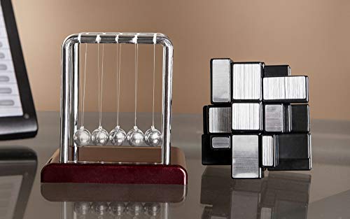 The Paragon Executive Set, Newton's Cradle & Cube Puzzle, Fun Size Mini Pendulum Ball Desk Toy Along with a Mirror Cube, Rotating Puzzle, Silver Brainteaser